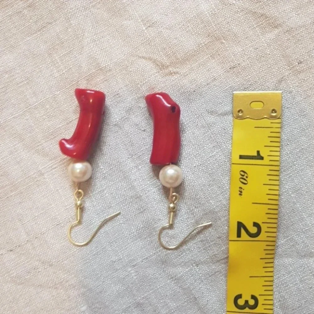 Patch & Roam Red Coral and faux pearl dangle earrings Habdmade Upcycle - Picture 5 of 5
